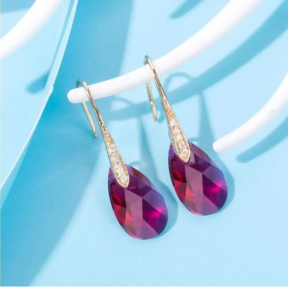 14K Yellow Gold with Fuchsia Pink Austrian Crystal Teardrop Drop Hook Earrings